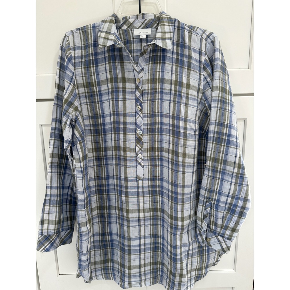 J. Jill Love Linen Plaid Tunic Top Blue Olive Green 100% Linen Long Sleeve M